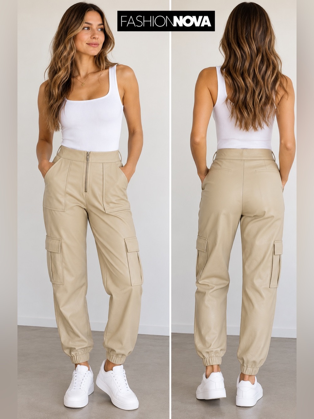 Fashion Nova Taupe Faux Leather Cargo Joggers